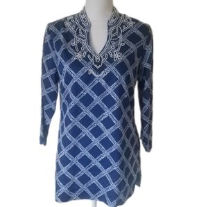 Brooks Bros 346 Beaded Bamboo Print Tunic Top Size Medium Blue